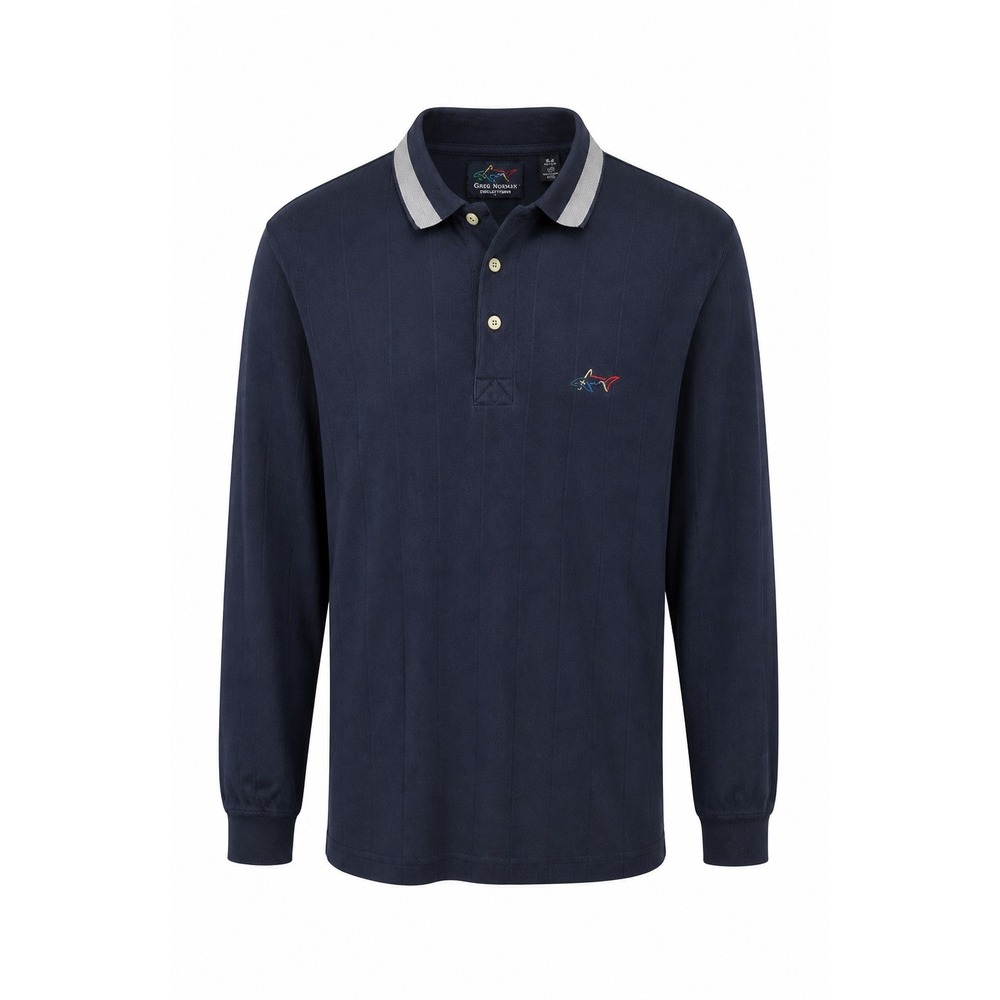 Greg Norman Collection Mens XL Long Sleeve Polo Shirt Navy Blue Shadow Stripe